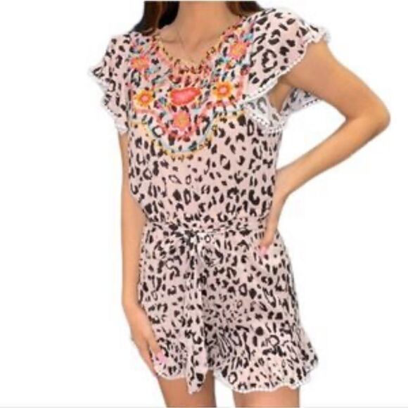 Savanna Jane Animal Print Mocha Black Floral Embroidery Romper - Picture 1 of 13